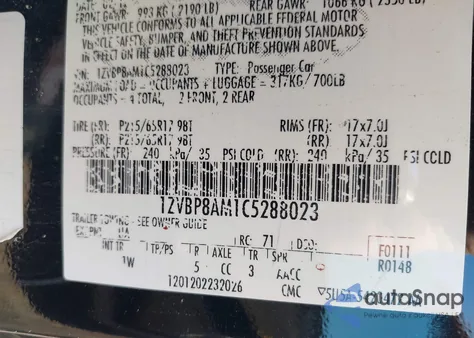 2012 Ford Mustang V6 z USA, uszkodzony, nr VIN 1ZVBP8AM1C5288023